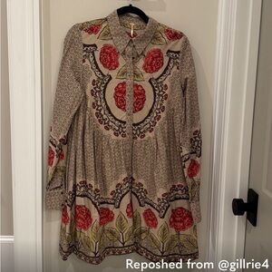 Free People Long Sleeve Dress with Red and Green Floral Pattern